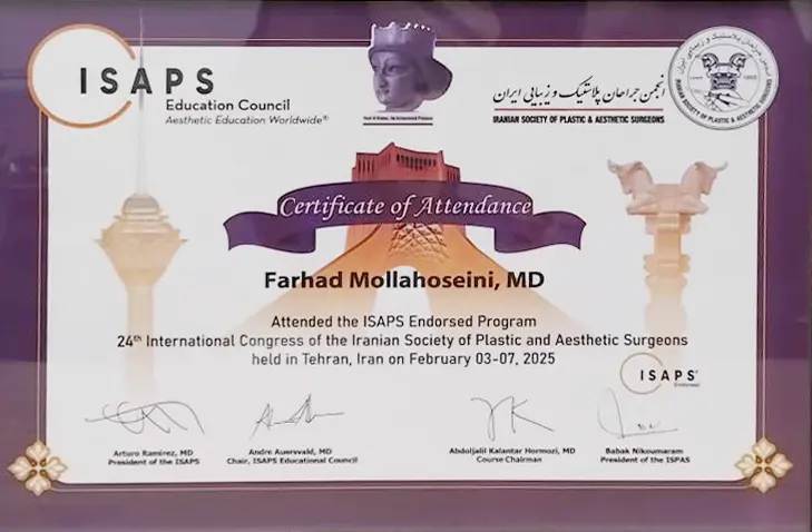 عضویت رسمی دکتر فرهاد ملاحسینی در انجمن جراحان پلاستیک و زیبایی ایران ISAPS - گواهی تخصص پزشکی