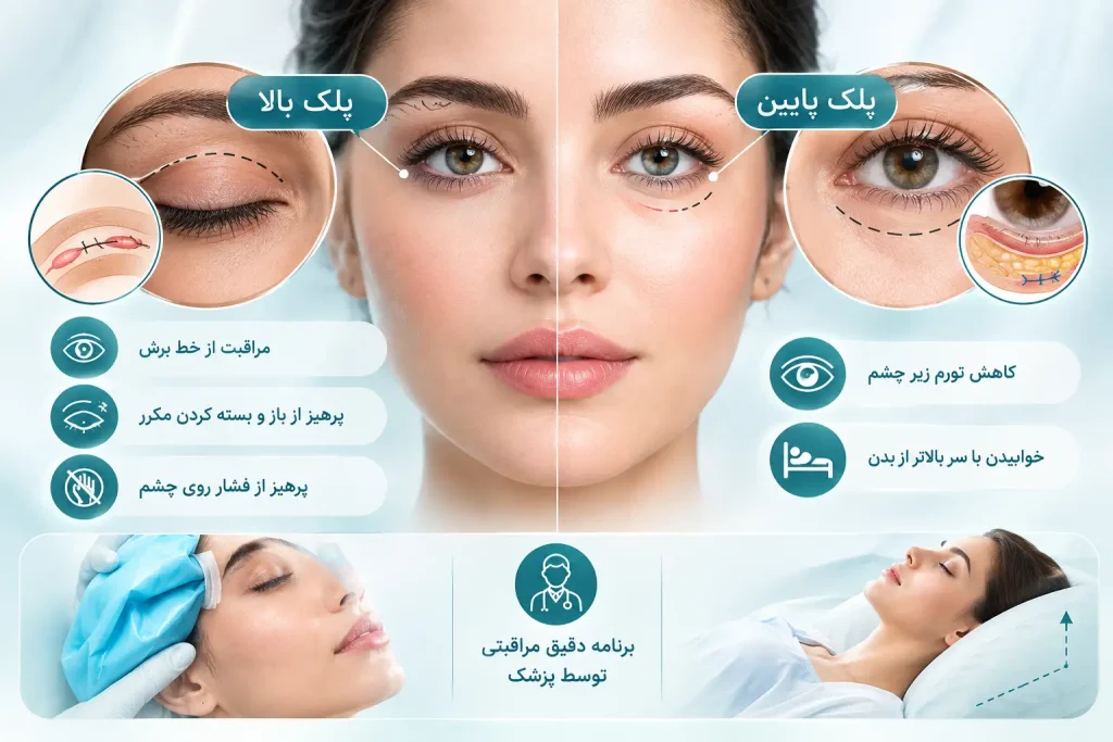 تفاوت مراقبت‌ها در جراحی پلک بالا و پلک پایین | دکتر بلفاروپلاستی در بندرعباس